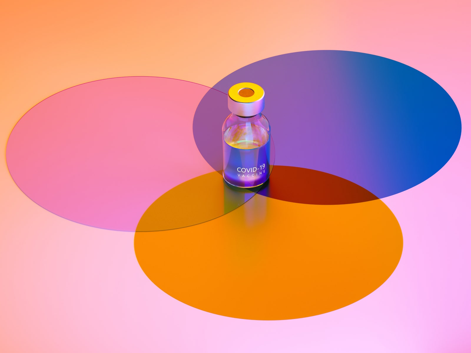 COVID19 vaccine bottle on multi coloured circles