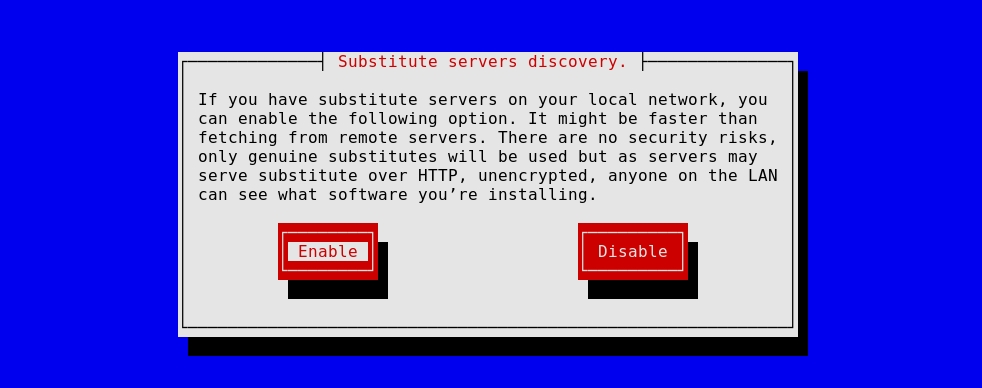 Enabling substitute server discovery when installing Guix System.
