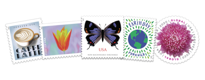 Featured postage stamps: Espresso Drinks, Garden Beauty, Colorado Haristreak, Earth Day, and Chrysanthemum.