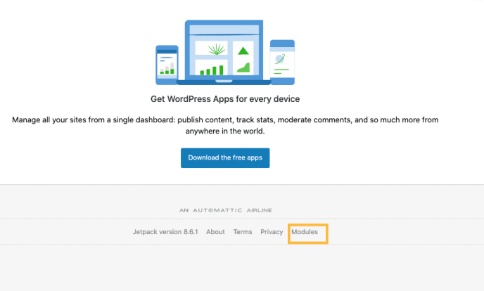On the Jetpack Dashboard page, the Modules button is on the very bottom right, in the footer area.