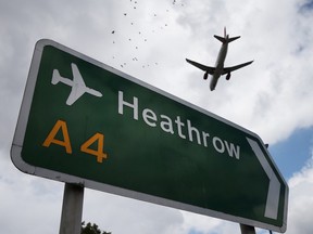 An airliner comes in to land at Heathrow Airport