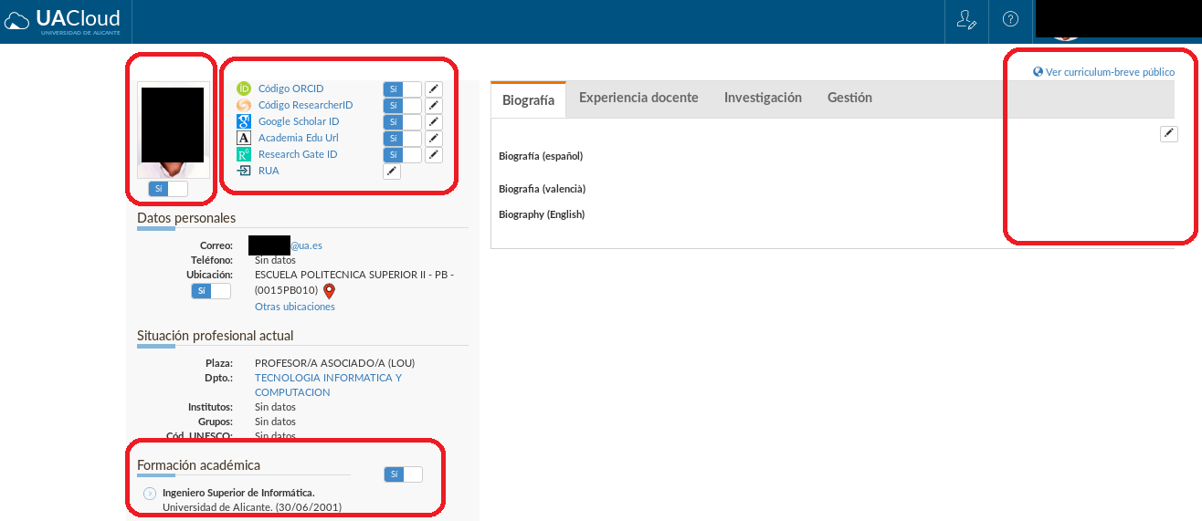 Configuración de los datos en el breve currículo