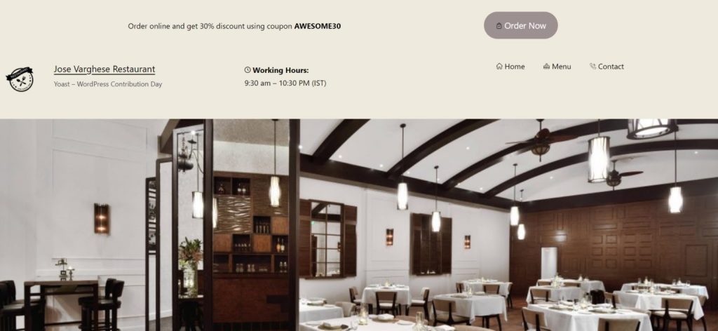 An image of a restaurant header with a coupon code, prompt to order online, and an image of the imagined dining room featured. 