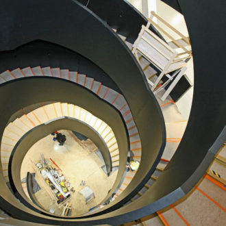 A spiral staircase in Oodi library.