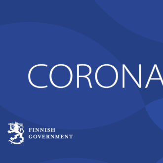 On a deep blue background, the text Coronavirus; in the lower left corner, the text Finnish Government.