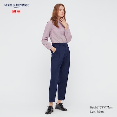 Women Cotton Tucked Tapered Pants (Ines De La Fressange), Blue, Medium