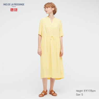 Women Rayon Gathered Short-Sleeve Dress (Ines De La Fressange), Yellow, Medium