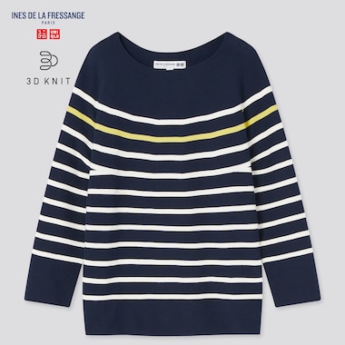 Women 3d Knit Striped 3/4-Sleeve Sweater (Ines De La Fressange), Navy, Medium