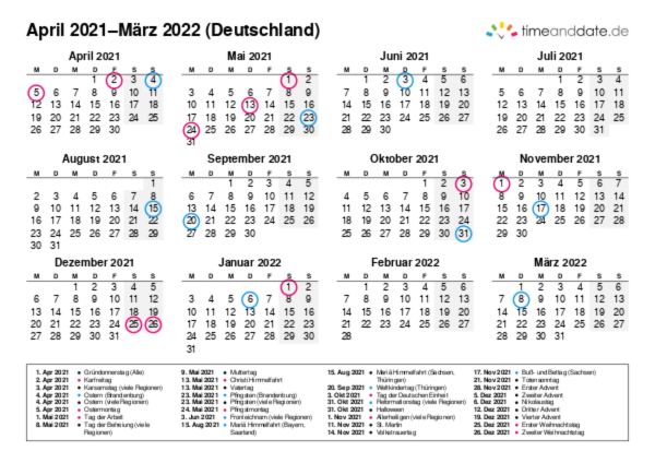 Kalender für 2021 in Deutschland