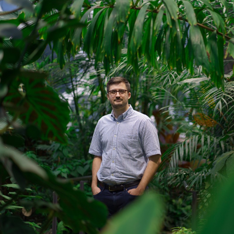 An Amazonian, Michael Tapich, poses in the Amazon Spheres