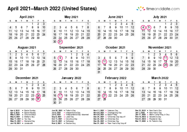 Calendar for 2021 in United States