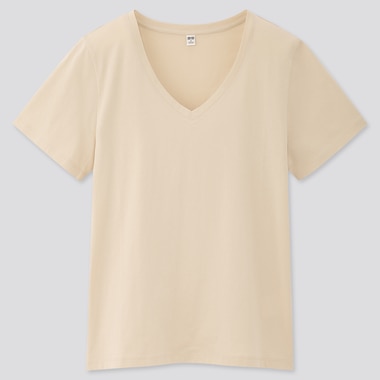 Women Supima Cotton V-Neck Short-Sleeve T-Shirt, Natural, Medium