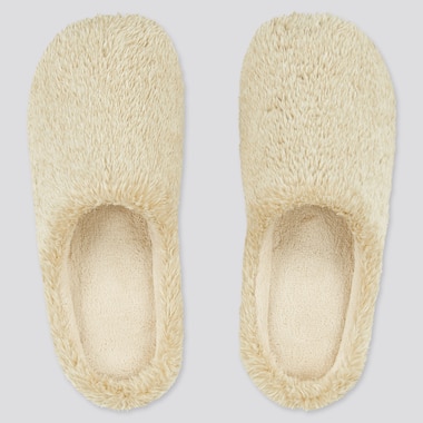 Fluffy Yarn Fleece Slippers, Beige, Medium