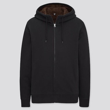 Men Pile-Lined Sweat Long-Sleeve Full-Zip Hoodie, Black, Medium