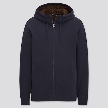 Men Pile-Lined Sweat Long-Sleeve Full-Zip Hoodie, Navy, Medium