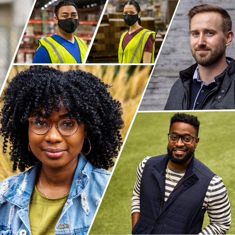 A collage featuring Amazon employees in both corporate and fulfillment center roles. Each individual portrait shows the employees either on their own in an outdoor space or inside their fulfillment center with a safety vest and mask on.