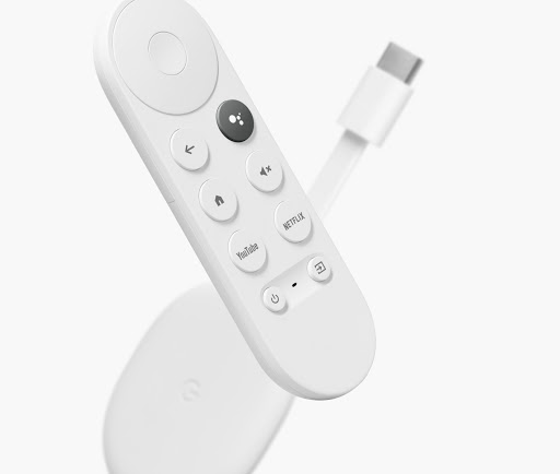 The new Chromecast with Google TV, including remote and dongle.