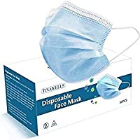 TINAWELLS 50Pcs Face Mask, 3 Layers Breathable Earlooped Disposable Mask - Blue (Sealed in Plastic Bag and Packed in...