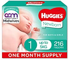 Huggies Newborn Nappies Size 1 (up to 5kg) 1 Month Supply 216 Count