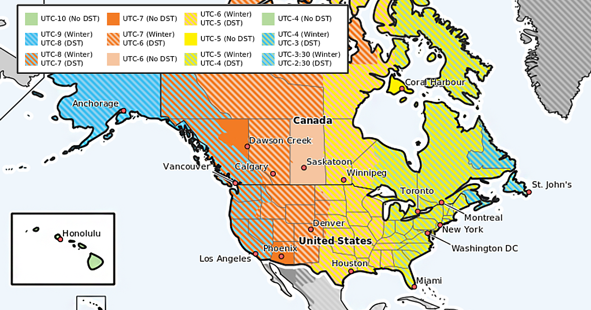 A map of time zones and DST in the US and Canada.