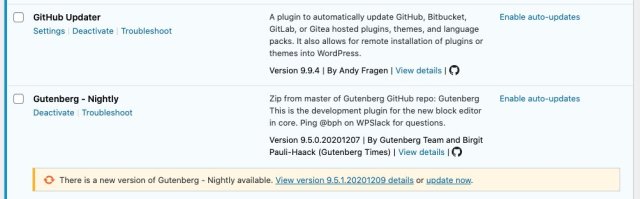 Screenshot of WP-admin/plugin page with both plugins activated and Gutenberg Nightly showing the message that today's update is available