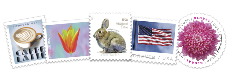 Featured postage stamps: Espresso Drinks, Garden Beauty, Brush Rabbit, Flag, and Chrysanthemum.