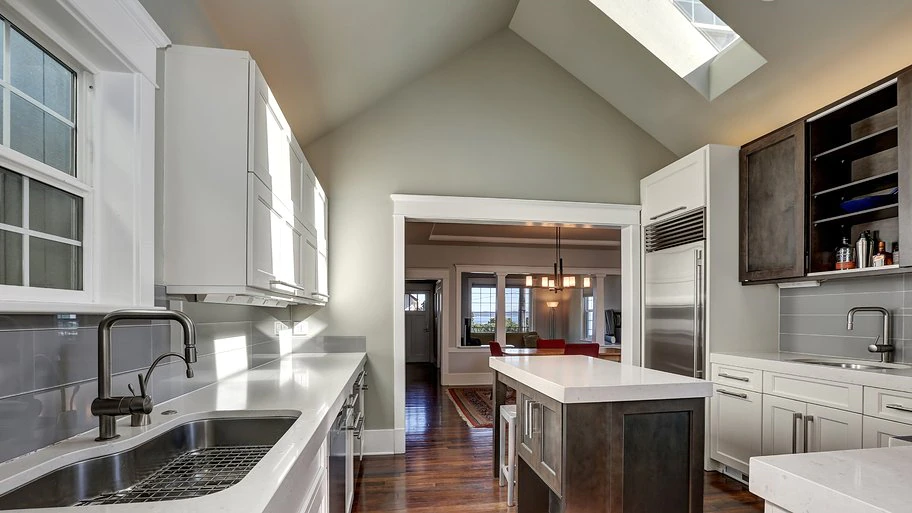 newly remodeled kitchen with skylight