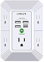 USB Wall Charger, Surge Protector, QINLIANF 5 Outlet Extender with 4 USB Charging Ports ( 4.8A Total) 3-Sided 