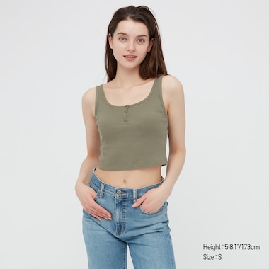 Women Cotton Ribbed Sleeveless Crop Top, Olive, Medium