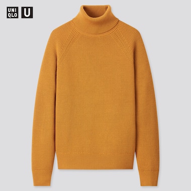 Men U Fisherman Ribbed Turtleneck Long-Sleeve Sweater, Mustard, Medium