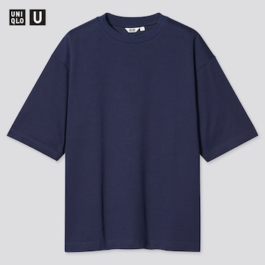 Men U Airism Cotton Crew Neck Oversized T-Shirt, Navy, Medium