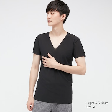 Men Airism Micro Mesh V-Neck Short-Sleeve T-Shirt, Black, Medium