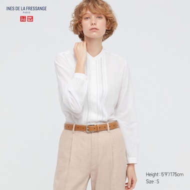 Women Sheer Cotton Stand Collar Long-Sleeve Shirt (Ines De La Fressange), White, Medium