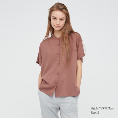 Women Rayon Short-Sleeve Blouse, Brown, Medium