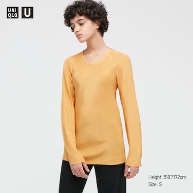 Women U Shiny Rayon Long-Sleeve Blouse, Yellow, Medium