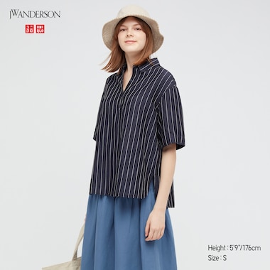 Women Linen-Blend Striped Pullover Short-Sleeve Shirt (Jw Anderson), Navy, Medium