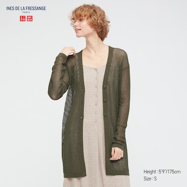 Women Pointelle Long Cardigan (Ines De La Fressange), Olive, Medium