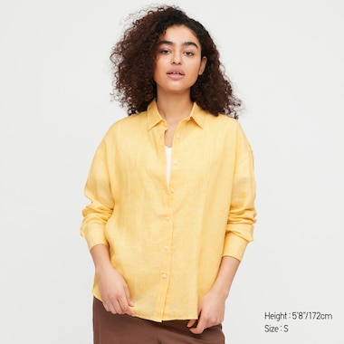 Women Premium Linen Long-Sleeve Shirt, Yellow, Medium