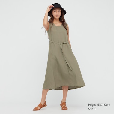 Women Linen-Blend Sleeveless A-Line Long Dress, Olive, Medium