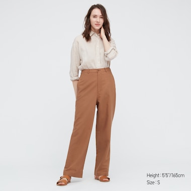 Women Linen Blend Relaxed Straight Pants, Brown, Medium