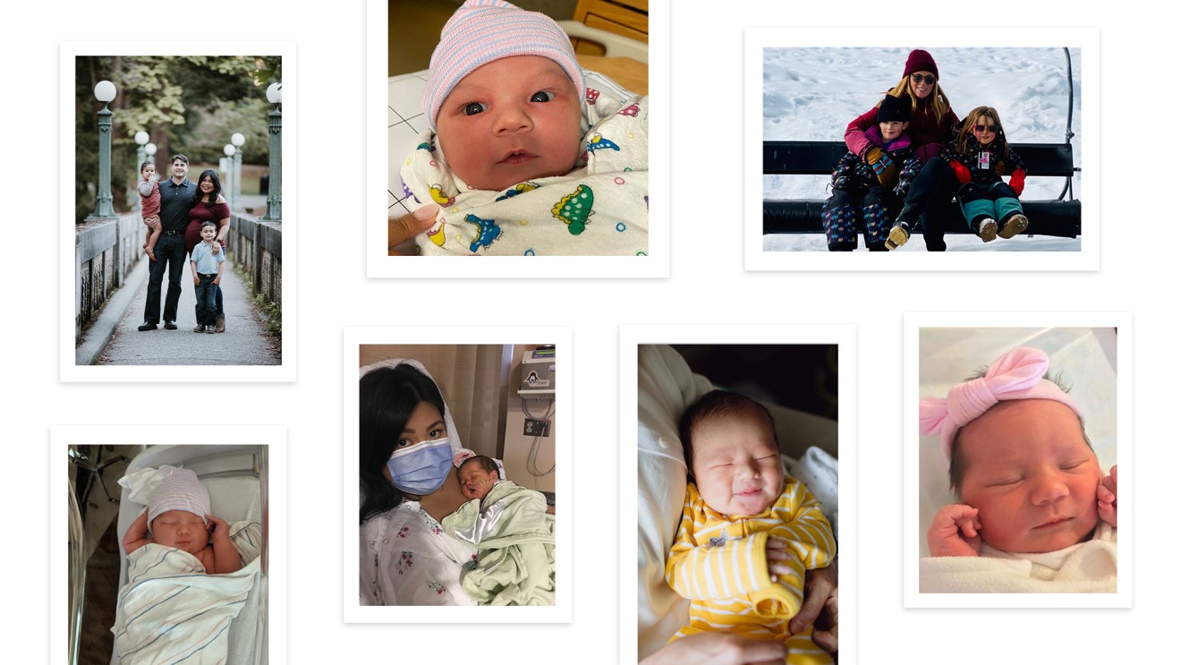 An image collage featuring images of newborn babies, mothers with their children, and families with their children.