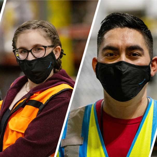 A collage of photos featuring Amazon employees smiling for photos in the Amazon fulfillment centers and offices where they work. Fulfillment center employees are wearing yellow safety vests and masks.