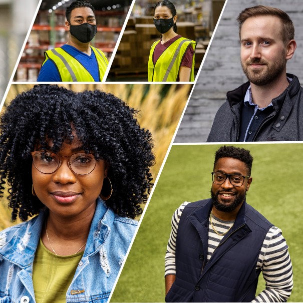 A collage featuring Amazon employees in both corporate and fulfillment center roles. Each individual portrait shows the employees either on their own in an outdoor space or inside their fulfillment center with a safety vest and mask on.