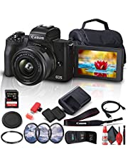 Canon EOS M50 Mark II Mirrorless Digital Camera with 15-45mm Lens (4728C006) + 64GB Extreme Pro Card + Extra LPE12 Battery + Case + UV Filter + Card Reader + Filter Kit + HDMI Cable + More (Renewed)