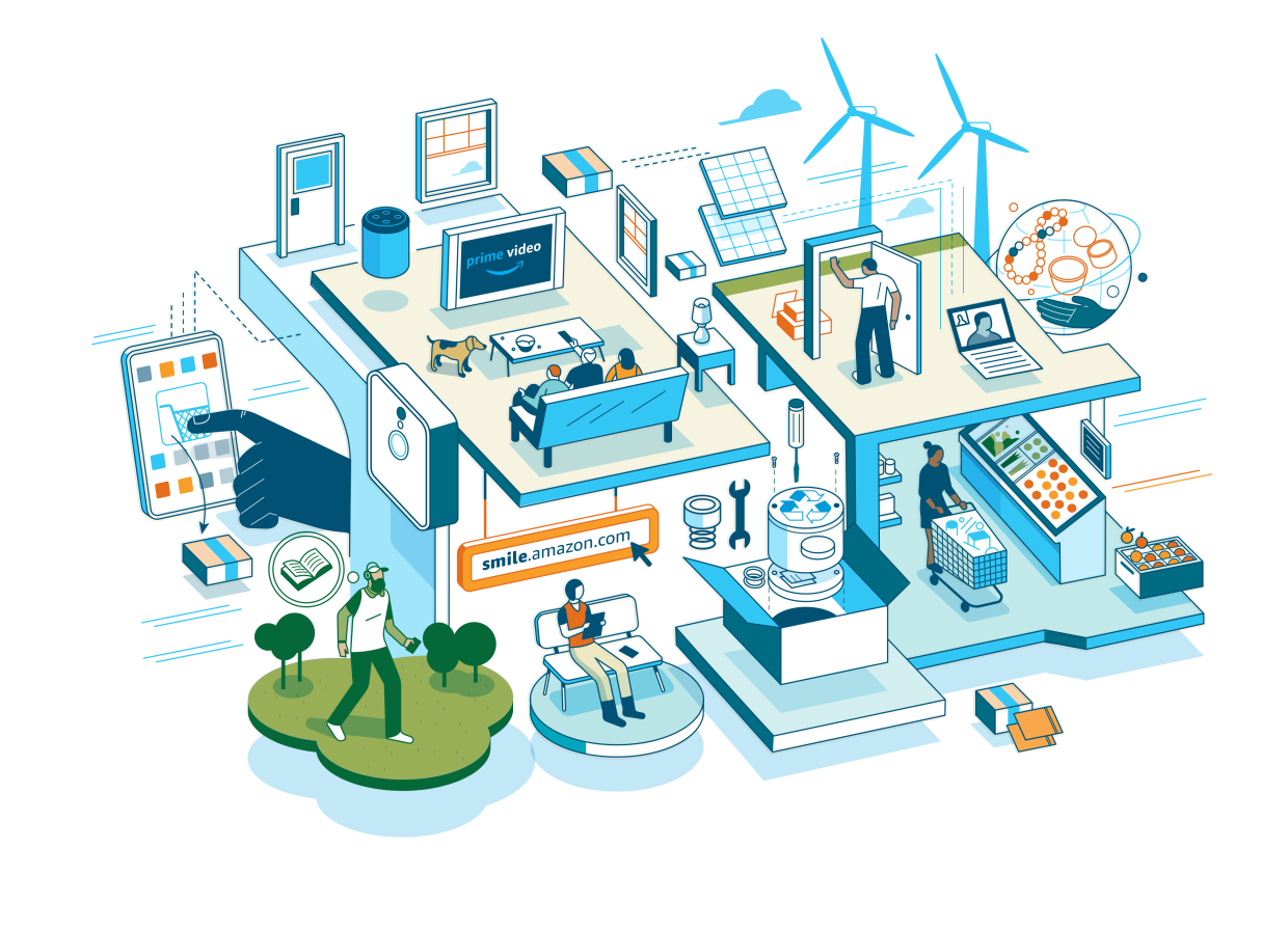 An illustration depicts Amazon customers enjoying Amazon Prime, Amazon devices, Whole Foods Market shopping, AWS technologies, Amazon books, and shopping on smile.amazon.com. 