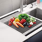 SunCleanse 17.3’’L×15’’W Roll Up Dish Drying Rack, Large Over Sink Dish Drying Rack Drainer, Multi-Use Stainless Steel Foldab