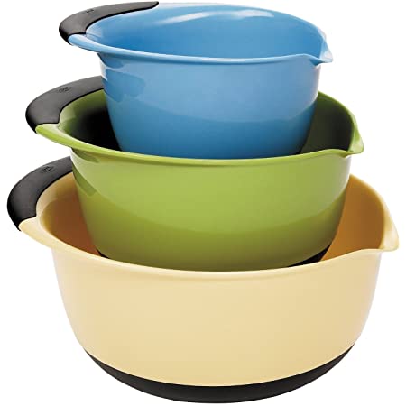 OXO Good Grips 3-piece Mixing Set, White Bowls Brown Handles, Blue/Green/Yellow