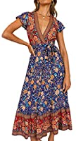 ZESICA Women's Bohemian Floral Printed Wrap V Neck Short Sleeve Split Beach Party Maxi Dress