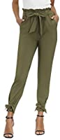 Yidarton Womens Cropped Pants Paper Bag Waist Self-tie Belted Pants Casual Trousers with Pockets