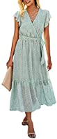 BTFBM Women Summer Bohemian Floral Casual Wrap V Neck Ruffle Cap Sleeveless Belt A-Line Pleated Hem Swing Midi Sun Dress